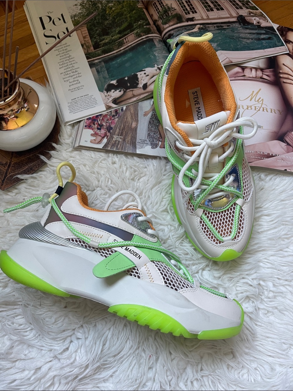 Steve Madden White Lime Green Orange Mesh Chunky Sneakers
